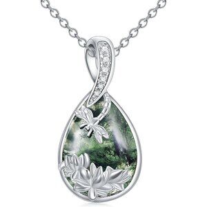 Sterling Silver Moss Agate Dragonfly Necklace with Lotus, 18 Plus 2 Inch Ext, Wo